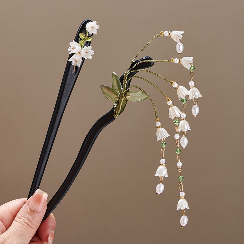 Pearl Hair Pin - 은방울꽃 잎사귀 모양의 모조 진주 롱