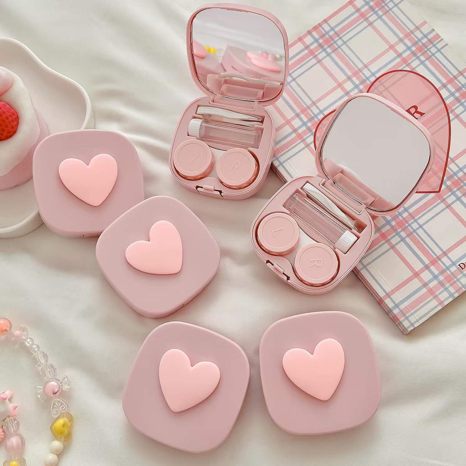 Women Accessories List - 거울이있는 하트 콘택트 렌즈 케이스 미니