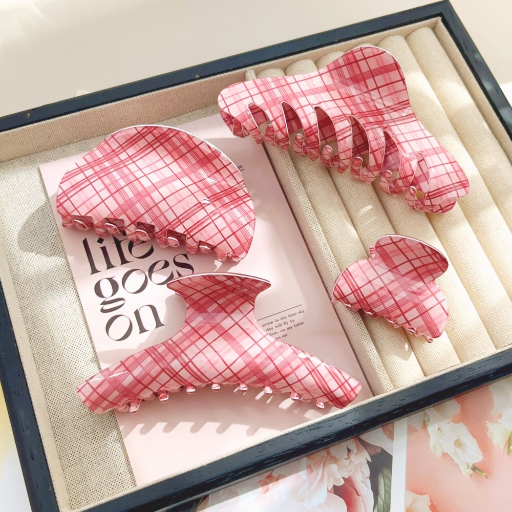 Women Accessories Online - 핑크 블루 그리드 헤어 클로 클립