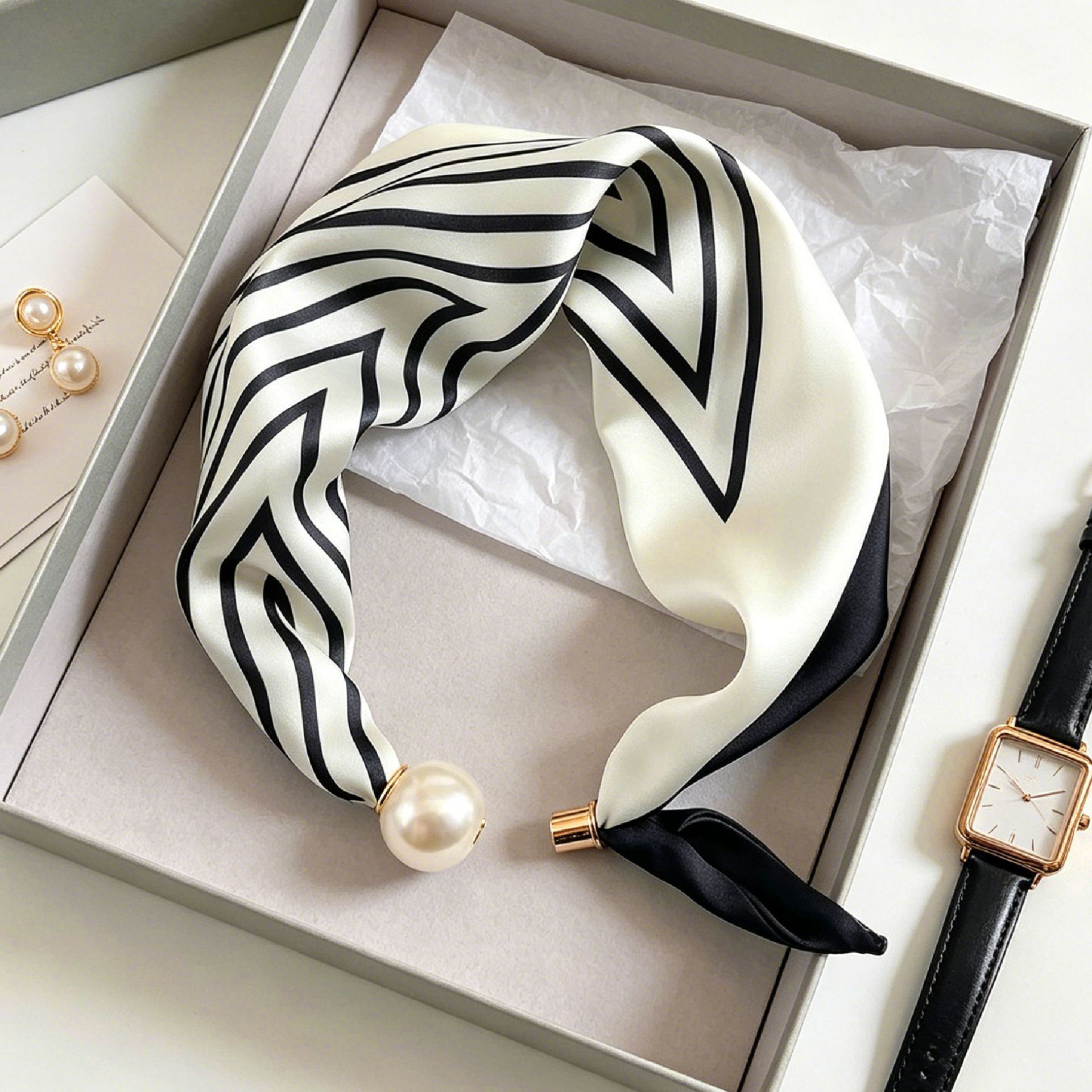 Women'S Accessories For Neck - 우아하고 세련된 진주 줄무늬 스카프 여성