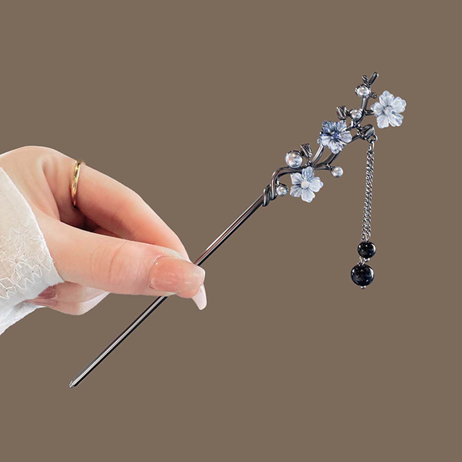 Pearl Hair Pin - 중국 스타일 헤어 스틱 블랙 메탈