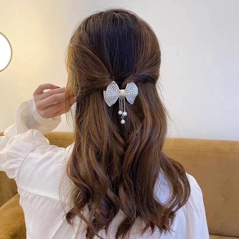 여성용 새 리본 헤어핀, 모조 진주와 라인스톤 스프링  - Women Accessories Shop 리뷰 및 가격
